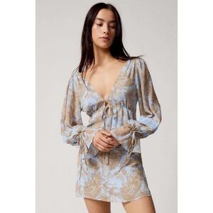 Light Blue and Tan Paisley Tie-Front Mini Dress